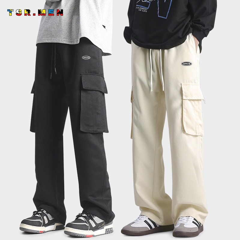 TSR.Men กางเกงคาร์โก้ผู้ชาย เอวยางยืด เอวตรง ใหม่ สไตล์อินเทรนด์ ลำลอง หลวม ใส่สบาย 3 สี กระเป๋าขนาดใหญ่ด้านข้าง High Street