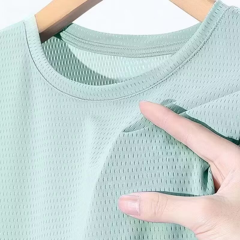 ฮันลู เสื้อยืดแขนสั้นตาข่ายผ้าไหมน้ําแข็งสําหรับฤดูร้อน