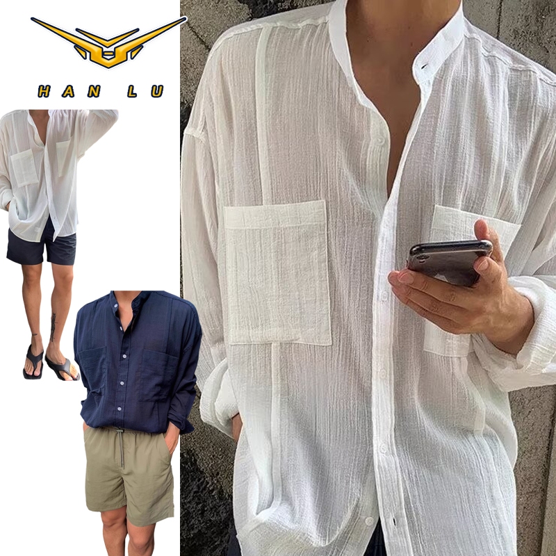 เสื้อเชิ้ตแขนยาวผู้ชาย Hanlu สไตล์เกาหลี สีพื้นเรียบง่าย ลำลอง แฟชั่นผ้าฝ้ายและผ้าลินิน เสื้อเชิ้ตบาง ระบายอากาศได้ดี
