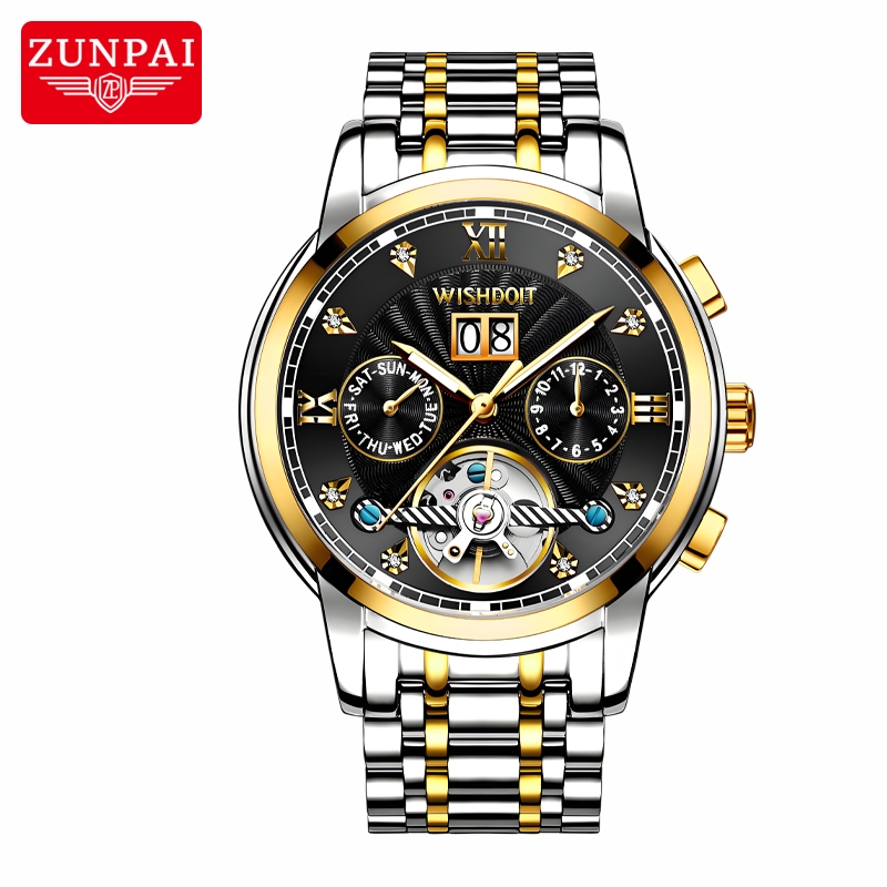 ZUNPAI นาฬิกาข้อมือผู้ชายสายสแตนเลสแบบ Tourbillon อัตโนมัติ พร้อมหน้าต่างกลวง หน้าปัดทรงกลม ทนทานต่อรอยขีดข่วน นาฬิกาแฟชั่นสำหรับธุรกิจ เรียบง่ายและลำลอง กันน้ำ เรืองแสง ปฏิทินถาวร ฟังก์ชันปฏิทินรายสัปดาห์