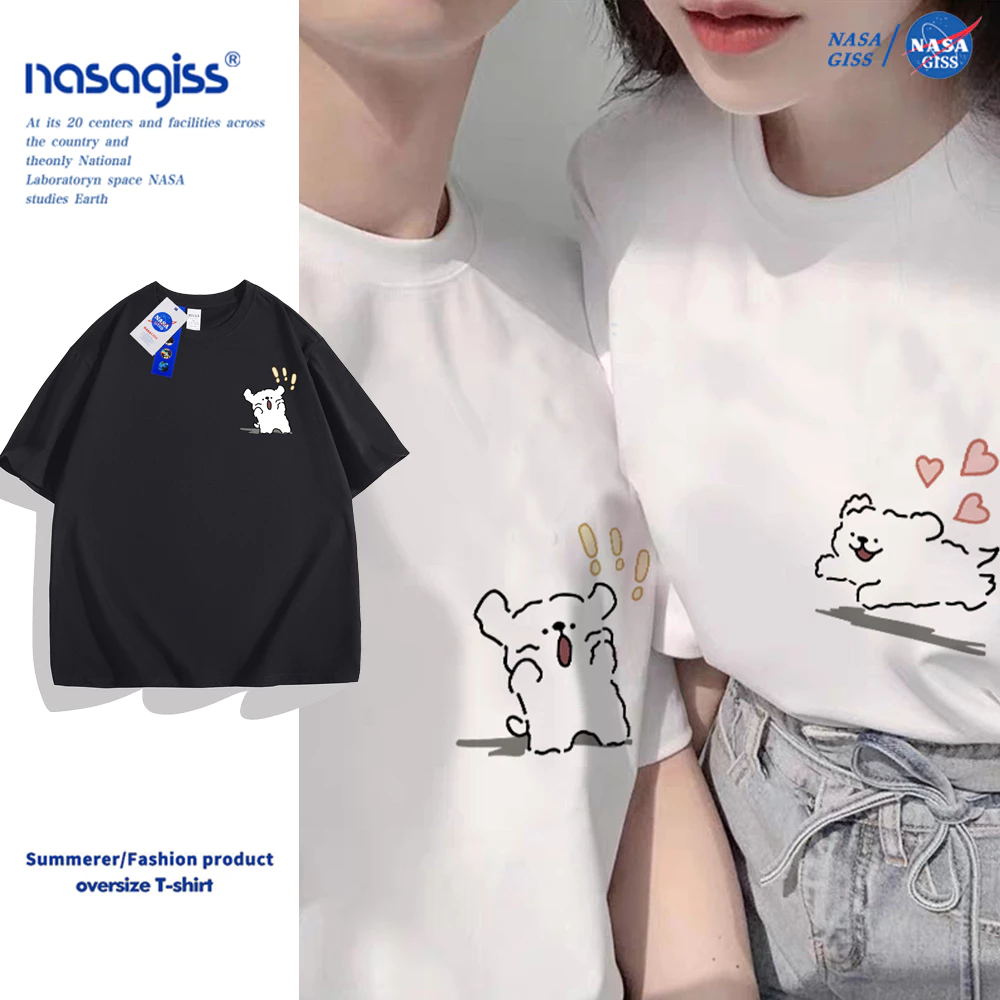 NASA เสื้อยืดชายหญิงแขนสั้น สไตล์ลำลอง summer Popular line puppies พิมพ์ลาย t-shirt แบบหลวม คอกลม ยับยากไม่ต้องรีด