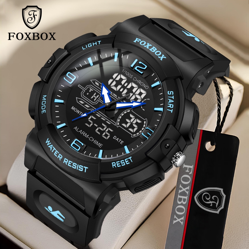 FOXBOX ฟ็อกซ์บ็อกซ์ ใหม่นาฬิกาผู้ชายกีฬานาฬิกาข้อมืออิเล็กทรอนิกส์กันน้ําแฟชั่นเรืองแสงจอแสดงผลคู่ดิ