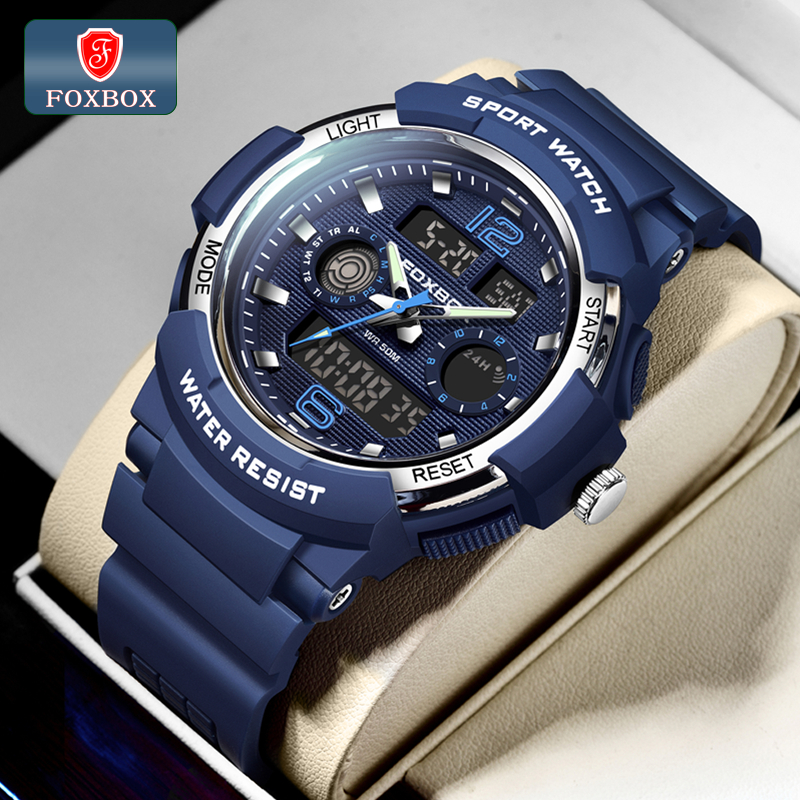 Foxbox แฟชั่นโหมดปลุกกีฬานาฬิกามือสําหรับวัยรุ่นมัลติฟังก์ชั่นกันน้ําส่องสว่างอนาล็อกนาฬิกาข้อมือดิจ