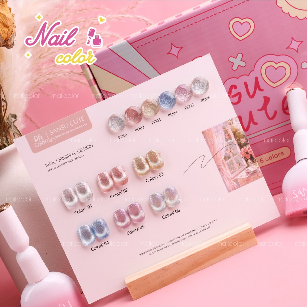 [คลังสินค้าพร้อม] SANSU ชุดแต่งเล็บตาแมวน้ําแข็งบด 6 สี (15 มล. การ์ดสีฟรี + ฐานไม้) ลูกปัดแก้ว กาวยาทาเล็บตาแมว