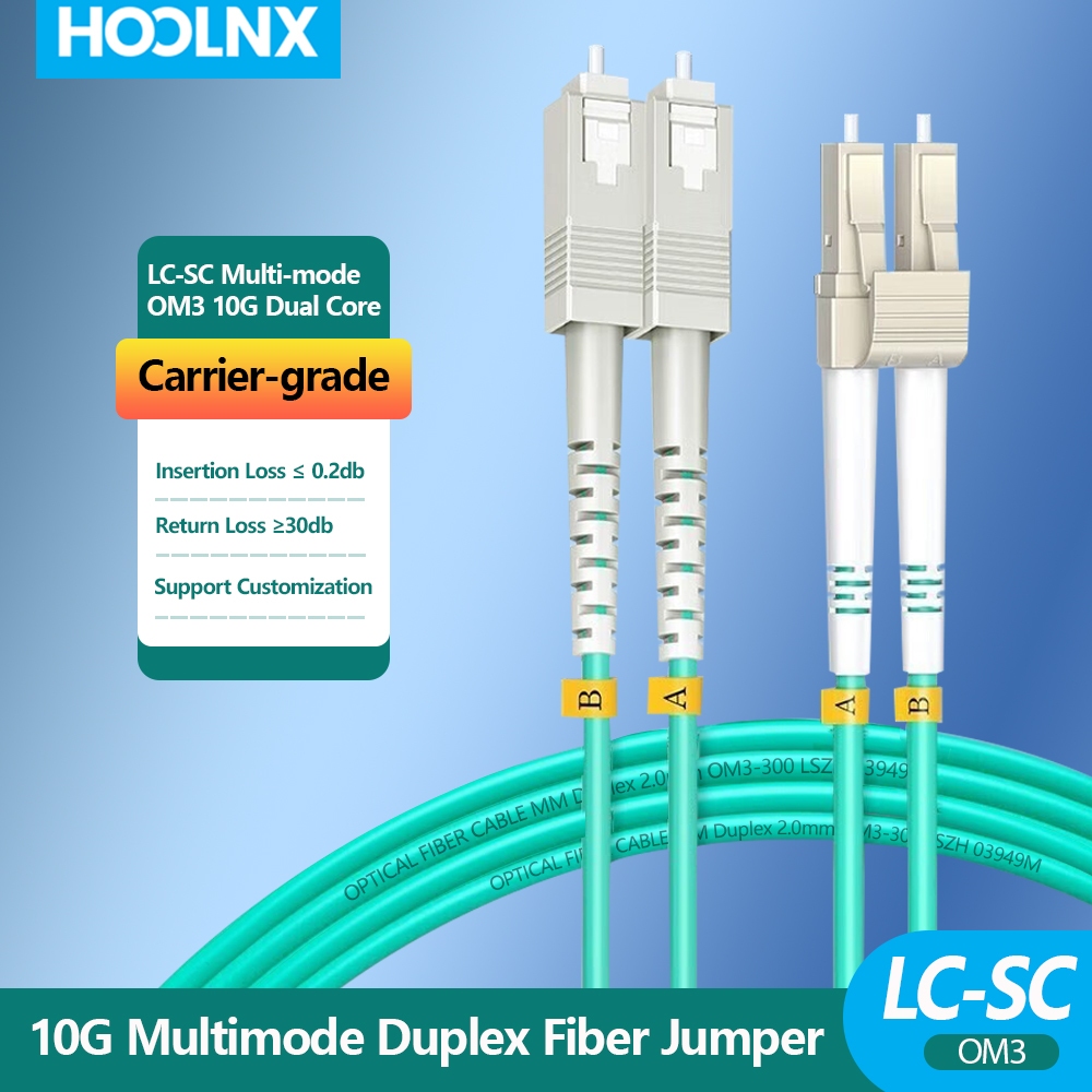HOOLNX OM3 LC to SC UPC Duplex Multimode Fiber Optic Patch Cable, 50/125μm, LSZH 2.0mm, Bend Insensitive, Custom ความยาว 0.5-100m, 10G/40G/100G