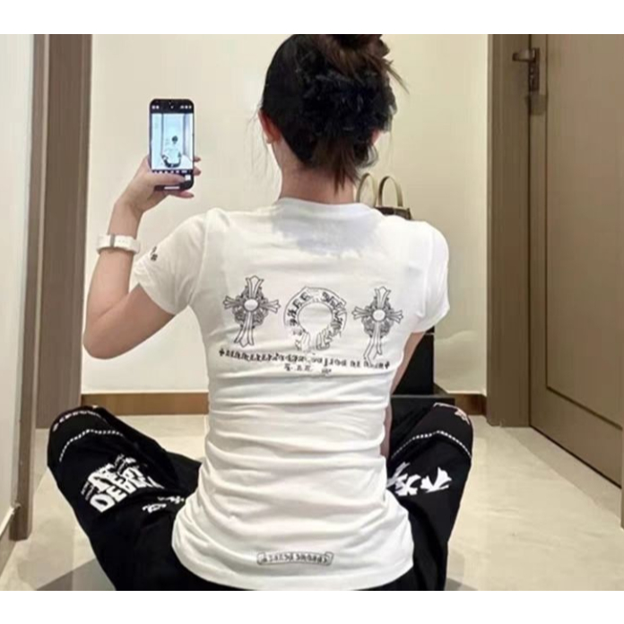 2025 ใหม่ภาษาสันสกฤต Chrome Hearts Cross Slim เสื้อยืดแขนสั้นผู้หญิงอเนกประสงค์ Retro Tops Ins