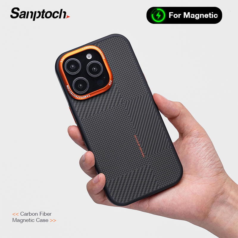 Sanptoch สําหรับแม่เหล็กหรูหราคาร์บอน Fibre เคสโทรศัพท์สําหรับ iPhone 16 15 14 Pro Max Matte Anti-ลายนิ้วมือปกหลัง Simple Pixel รูปแบบป้องกันกรณีพร้อมแหวนเลนส์โลหะผสม