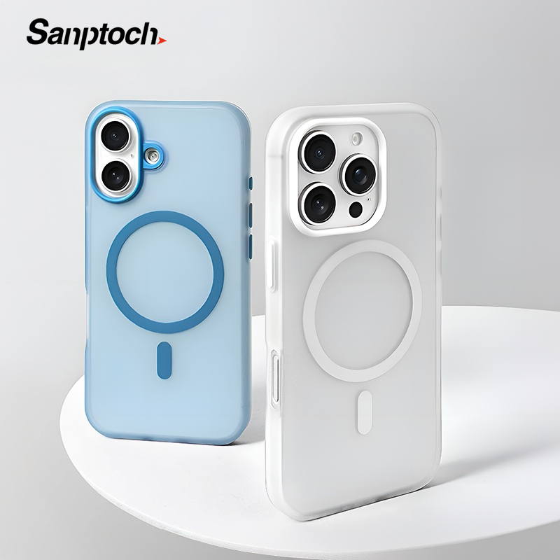 Sanptoch Matte Skin-friendly Soft เคสโทรศัพท์สําหรับ iPhone 16 15 14 13 Pro Max สําหรับแม่เหล็กป้องกันลายนิ้วมือฝาครอบ Ultra Slim Magnetic กันกระแทกปลอกป้องกัน