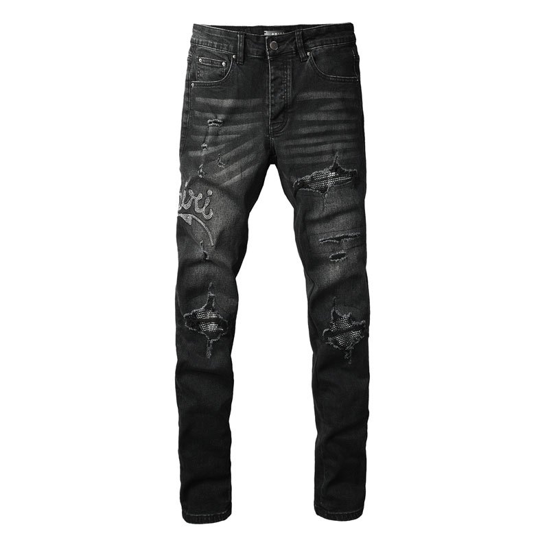 Amiri สตรีทแฟชั่นใหม่ผู้ชายกางเกงยีนส์สีดําสลิมฟิตรุ่นแพทช์ลูกปัดพิมพ์ออกแบบฮิปฮอปผู้ชายกางเกงยีนส์ก