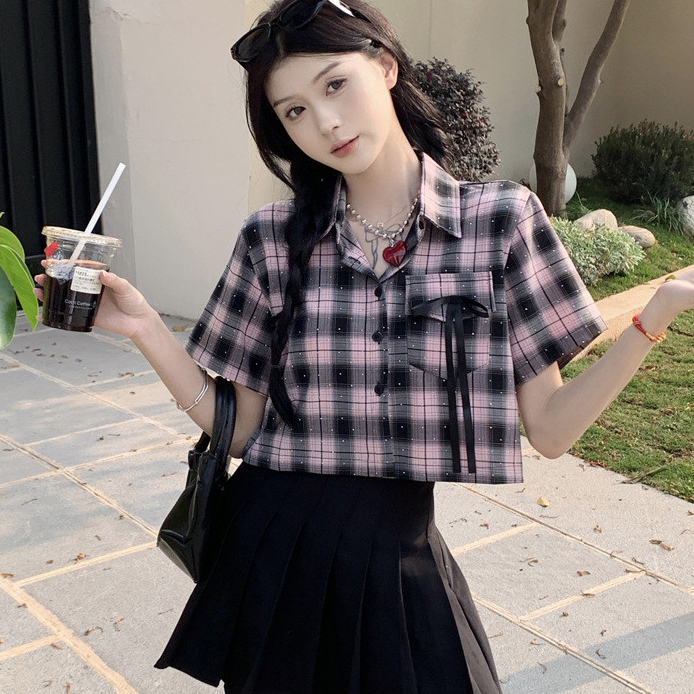 Laterme สไตล์เกาหลีลายสก๊อตเสื้อสั้นผู้หญิงฤดูร้อนเก๋โบว์แขนสั้นด้านบน