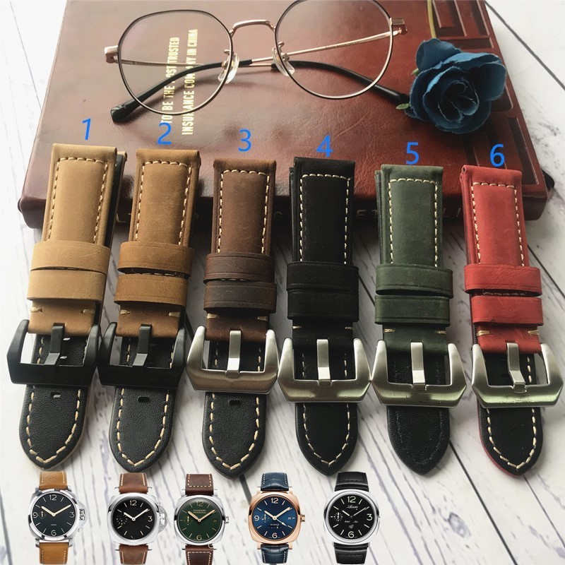เหมาะสําหรับ Panerai Panerai Panerai สายหนังแท้ชาย PAM111 441 Crazy Horse สายนาฬิกาหนัง 24 มม.
