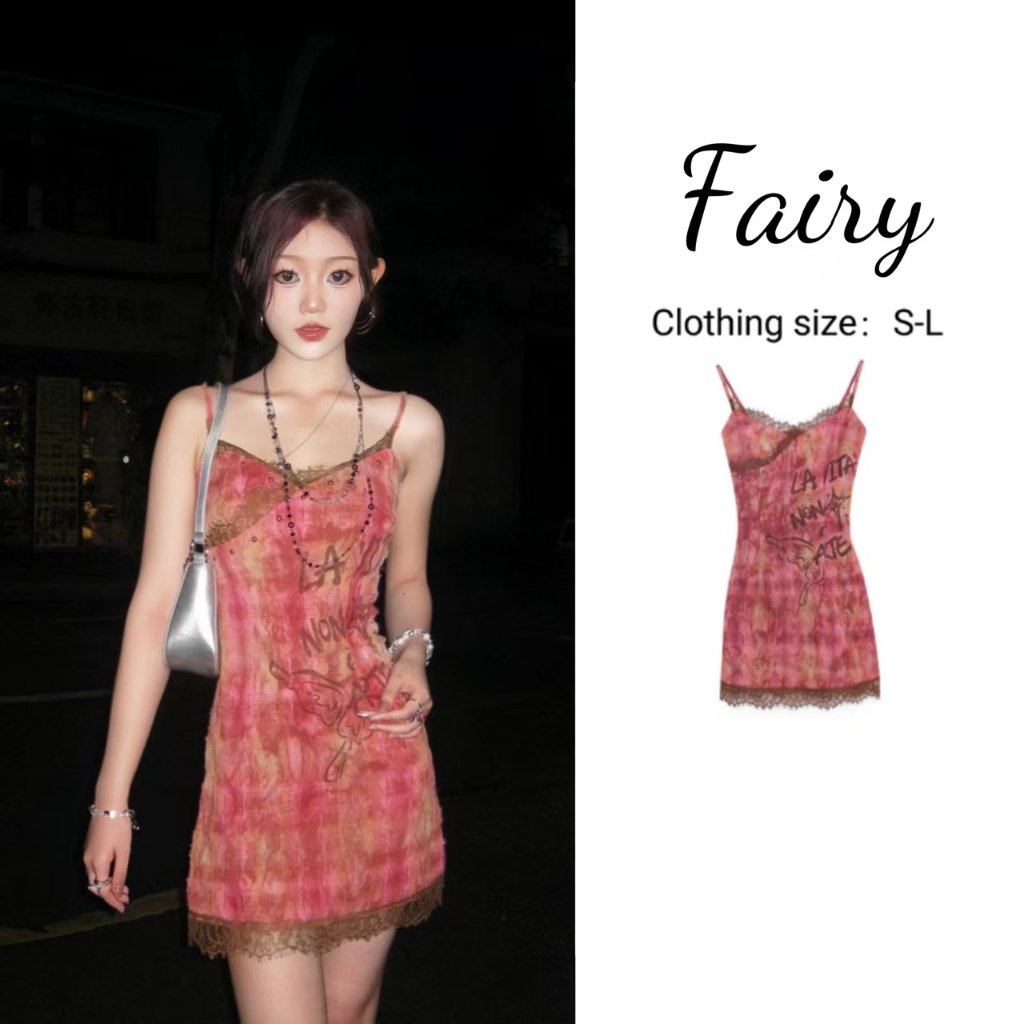 Fariy🍒คลังสินค้าพร้อม🍒ชุดเดรสลูกไม้สไตล์ย้อนยุคสไตล์อเมริกันสำหรับผู้หญิง สุดเซ็กซี่ เอวเข้ารูป สะโพกเข้ารูป กระโปรงสั้น