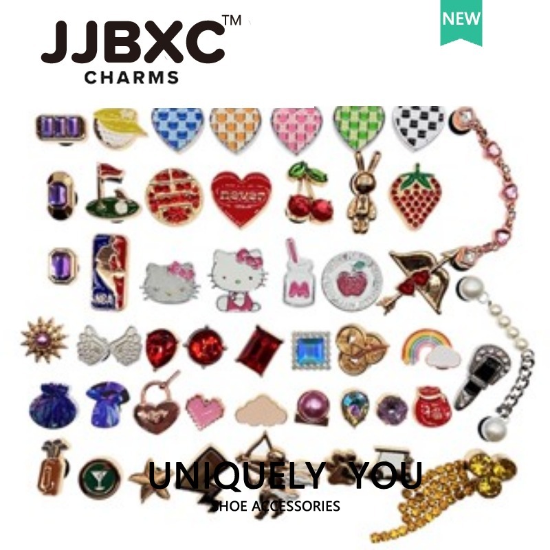 JJBXC ตัวติดรองเท้า charm ปุ่มหัวเข็มขัดตกแต่งรองเท้าชุดโลหะสีเงินมุก สีเขียวหัวใจ และกระดิ่งหัวใจขาวดำ อุปกรณ์ตกแต่งรองเท้า