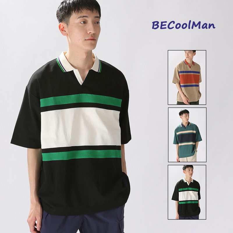 ⚡️BECoolMan⚡️ เสื้อโปโลผู้ชาย สีตัดกัน ลายทาง ลำลองเฉพาะกลุ่ม สิ่งจำเป็นสำหรับฤดูร้อน