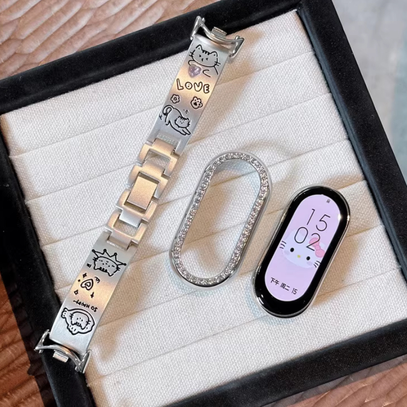 Inlaid Gemstone Cute Cat Strap Case Compatible For Mi band 9 สาย Mi band 8 Strap Diamond เคส Mi band
