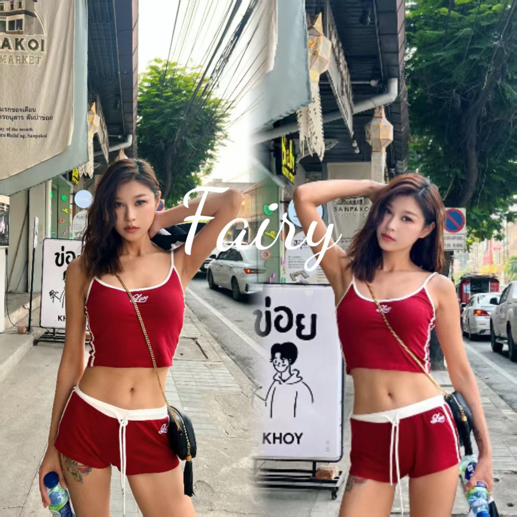 Fariy คลังสินค้าพร้อม ชุดสูทลำลองสำหรับผู้หญิงตัดต่อสีตัดกันสไตล์สปอร์ตพร้อมเสื้อชั้นในสตรี + กางเกงขาสั้นปักลายตัวอักษร