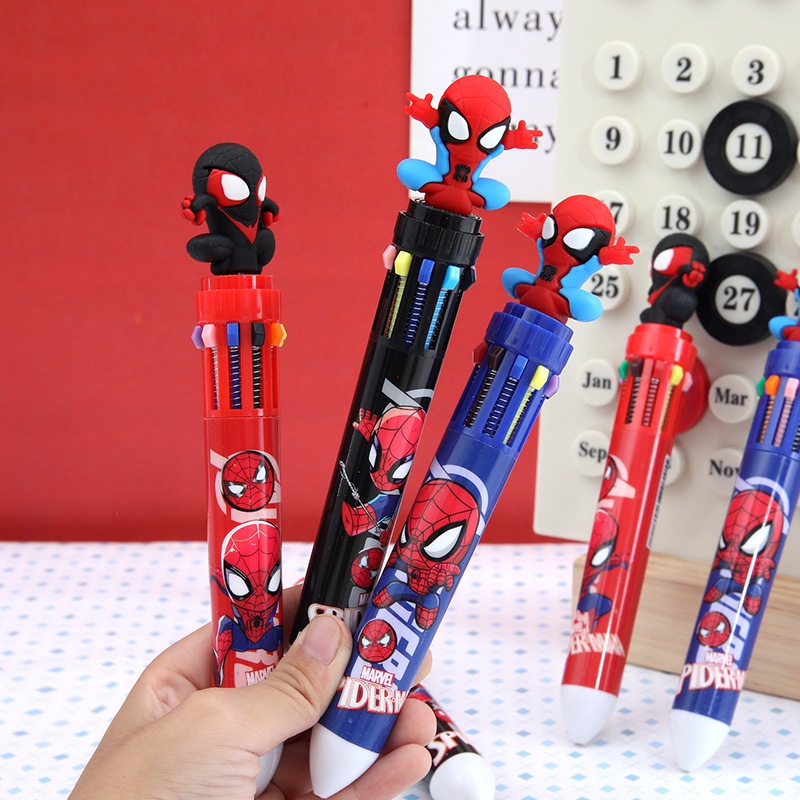 การ์ตูนซูเปอร์ฮีโร่สไปเดอร์แมน10สีปากกาลูกลื่นกดปากกาสีเครื่องหมายมัลติฟังก์ชั่เครื่องเขียนกลับไปที่โรงเรียน