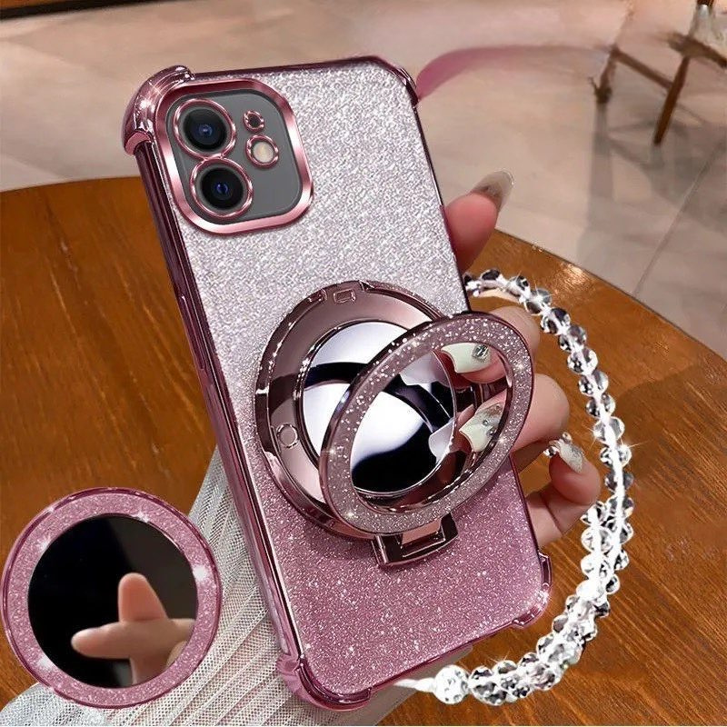 เคส For iPhone 12 Pro max X XS XR XS Max 11 12 Pro ผู้ถือกระจกแต่งหน้า Crystal Chain กรณีโทรศัพท์