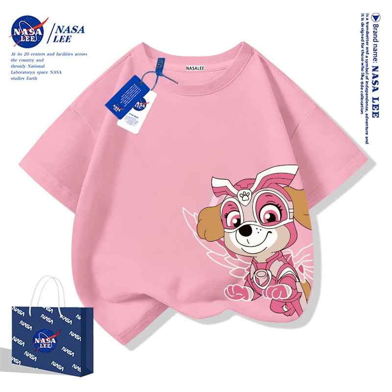 【จัดส่งภายใน 48 ชั่วโมง】เสื้อยืดแขนสั้นเด็ก NASA คอต้อน 100% สีชมพู คอกลม ลาย (PAW Patrol) ฤดูร้อน 2025 เสื้อสวมใส่สบายสำหรับเด็กชาย-หญิง