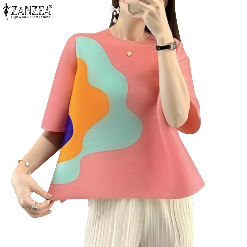 ZANZEA ซานเซีย ผู้หญิงเกาหลีลําลองบล็อกสีแขนสั้นหลวมพิมพ์เสื้อ