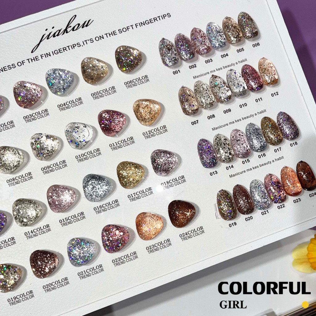 【พร้อมส่ง】สีเจลกากเพชรวิ้งแน่น 24 สี JIAKOU (JIAKOU)สีสวย  แถมชาร์ทอะคริลิคสำเร็จรูป (แถม ชาร์ทสี ทา