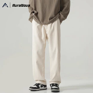 AURVO กางเกงลำลองผ้าลูกฟูกสีพื้นสไตล์ญี่ปุ่นสำหรับผู้ชาย ดีไซน์ขากระบอกตรงหลวม สไตล์เรโทร M-3XL