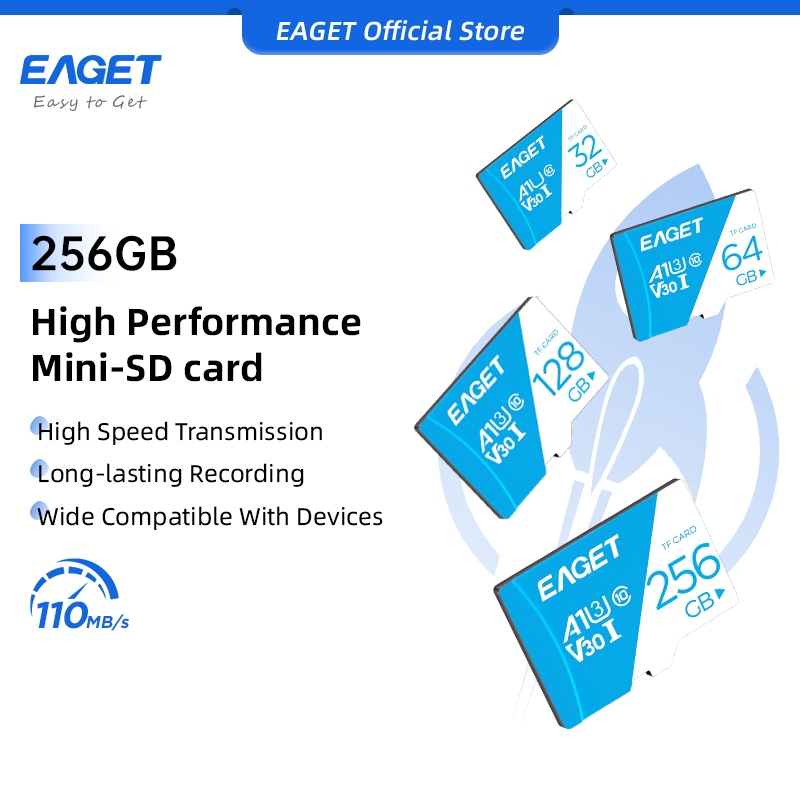 EAGET การ์ด Micro SD ความเร็วสูง 4K (256GB/128GB/64GB/32GB)