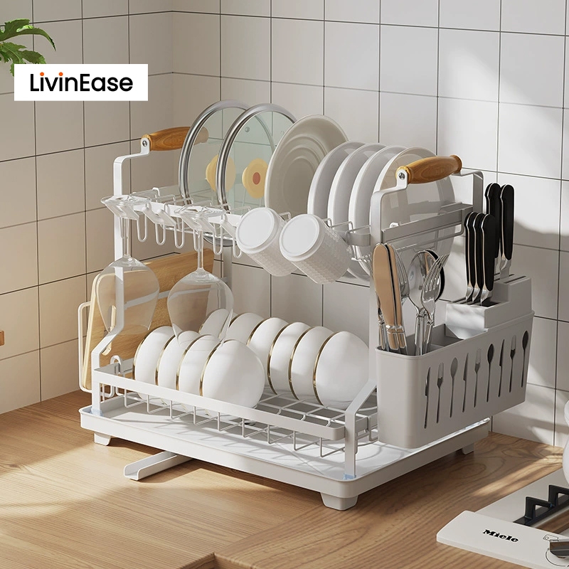 Livinease ชั้นวางจานครัว 2 ชั้น พร้อมระบบระบายน้ำอัตโนมัติ​​ พร้อมที่วางแก้ว+ด้ามไม้+หลอดใส่ช้อนส้อม