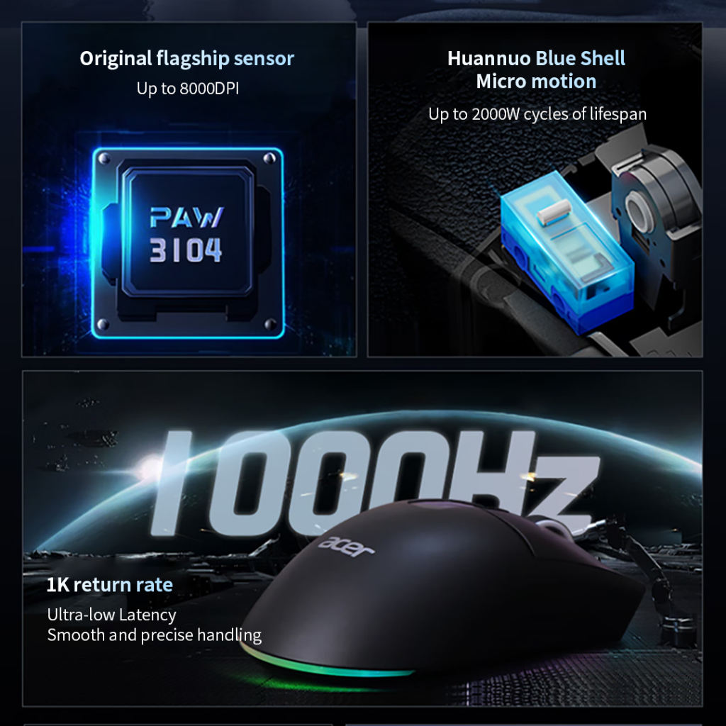 Acer OMR226 เมาส์ชาร์จไร้สาย 2.4Ghz+ Bluetooth+เมาส์สําหรับเล่นเกมโหมดแบบมีสาย RGB เอฟเฟกต์แสง - รูปที่ 2