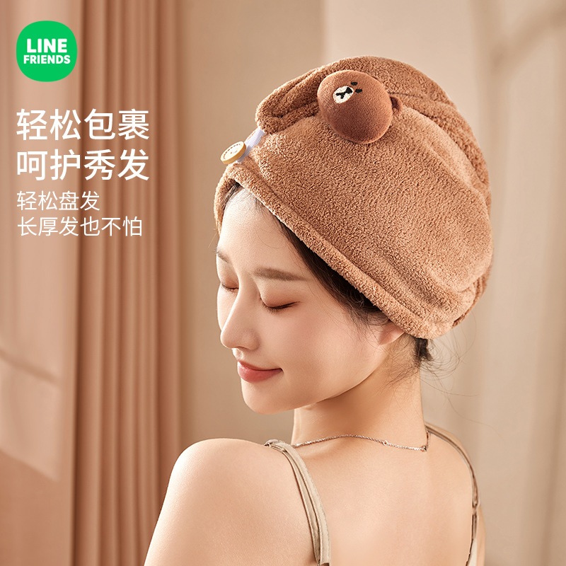 LINE FRIENDS ดูดซับผ้าขนหนูแห้งเร็วสไตล์ใหม่ผู้หญิงหนาหมวกอาบน้ําขนแกะปะการังหมวกผมแห้ง