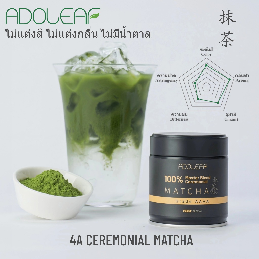 AdoLeaf 4A Matcha ผงมัทฉะเกรดพิธีชงชา เกรดพรีเมียม รุ่นเก็บเกี่ยวครั้งแรก บริสุทธิ์ 100% ไม่ใส่น้ำตาล ไม่เจือปนสารเติมแต่ง