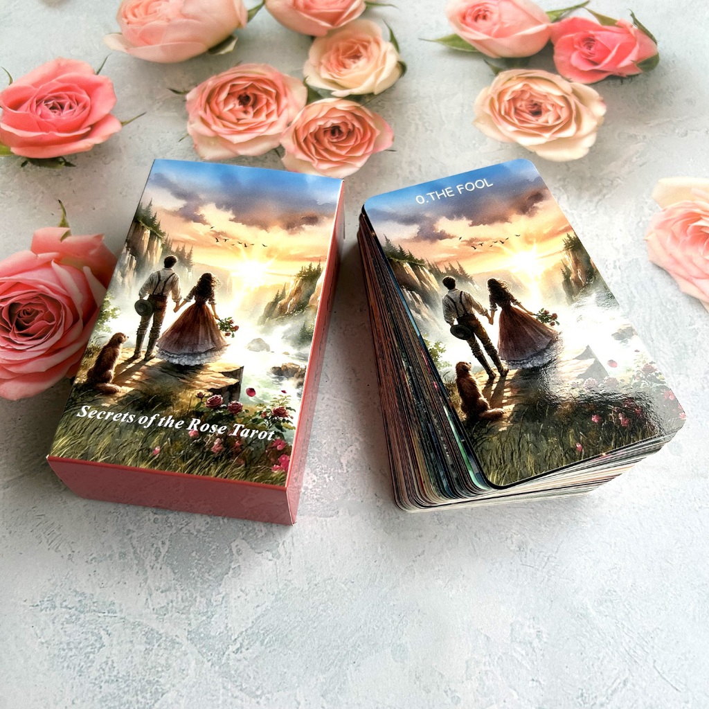 78PCS 70*120 มม.ไพ่ทาโรต์ Multilingual PDF Guide ฟิล์มสองด้าน Scratch-Proof Rose Love ข้อความ Love ภาพประกอบธีม