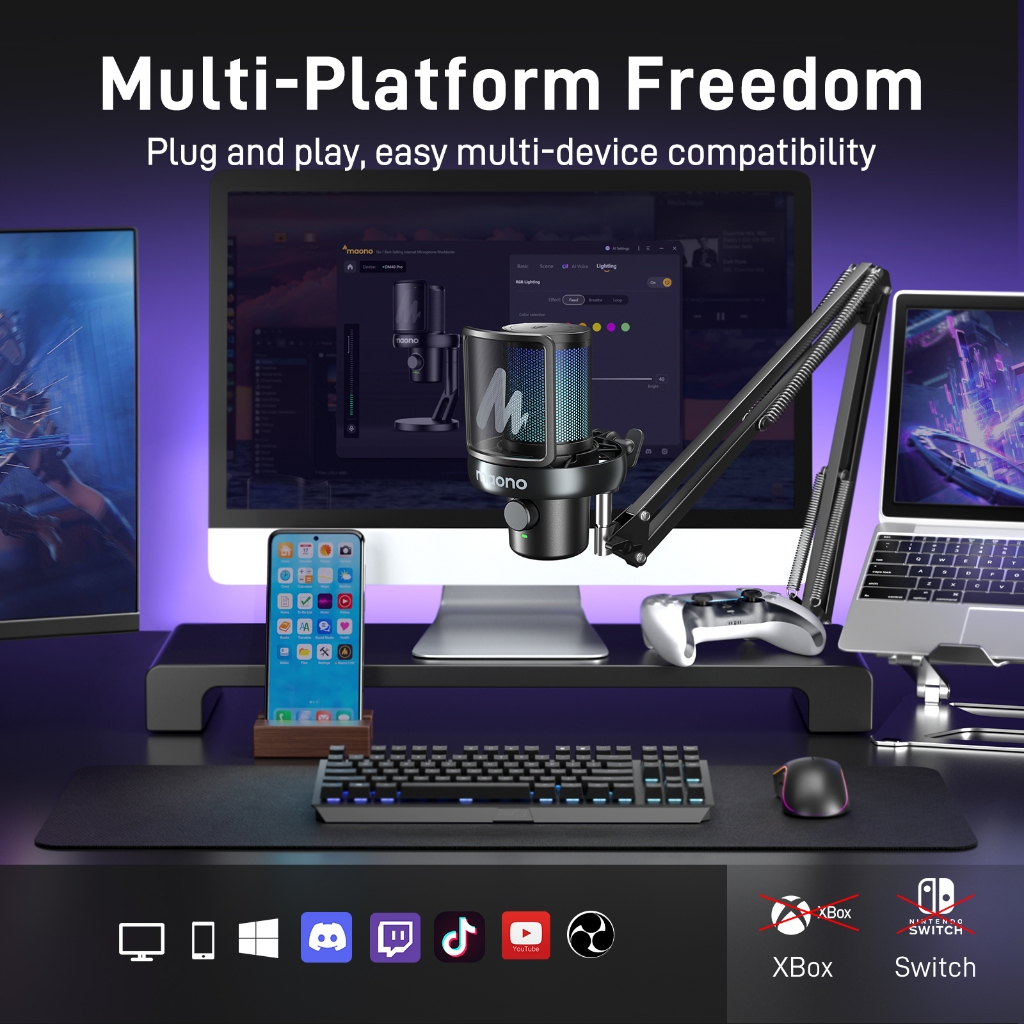 Maono DM40 Pro ไมโครโฟนไร้สายสําหรับเล่นเกมไร้สายไมโครโฟนคอนเดนเซอร์ไมโครโฟน USB AI Gaming Mic พร้อมปุ่มสมาร์ท,ลดเสียงรบกวนและ Maonolink App สําหรับพีซี,สมาร์ทโฟน,Gaming