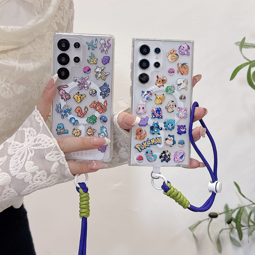 SAMSUNG น่ารักPokemon Magnetic Clearเคสโทรศัพท์สําหรับSamsung Galaxy S26 S25 S24 S23 Ultra FE S26 Plus A57 A56 A36 A37 A26 A17 A16 A35 A55 5Gการ์ตูนกระเป๋ามอนสเตอร์พร้อมสายรัดข้อมือ
