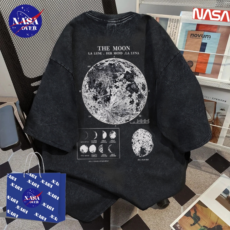 【จัดส่งตลอด 24 ชั่วโมง】🔥NASA ใส่ได้ทั้งชายหญิง เสื้อยืดโอเวอร์ไซส์ย้อนยุคสำหรับผู้หญิงลายพิมพ์ดวงจันทร์คอตตอนแขนสั้นคอวงรุ่นYG963