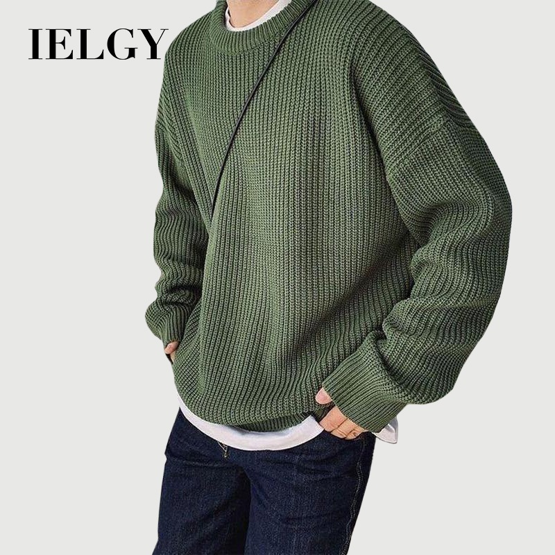IELGY เสื้อสเวตเตอร์คอกลมสไตล์เกาหลีหนาทรงหลวมสําหรับผู้ชาย