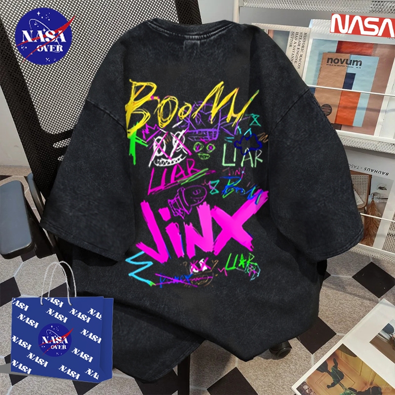 NASA✨สไตล์เกาหลีแฟชั่น✨เสื้อเชิ้ตโอเวอร์ไซส์สไตล์อเมริกันสุดเท่ลายพิมพ์ตัวอักษรคอตตอนแขนสั้นคอวงรุ่น✨💥 YG929