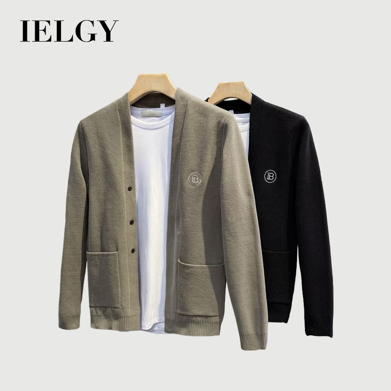 IELGY ฤดูใบไม้ร่วงและฤดูหนาวเสื้อสเวตเตอร์ถักปักผู้ชายแฟชั่นที่เรียบง่ายถักเสื้อบางสบายๆ