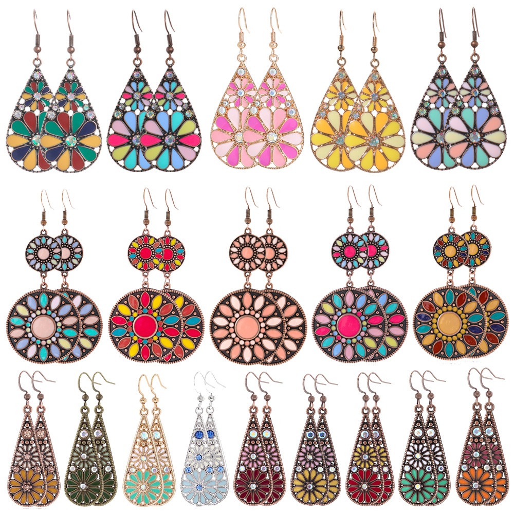 Boho Vintage สีชมพูสีเหลืองดอกไม้ Drop ต่างหูผู้หญิงเรขาคณิตรอบ Water Drop ดอกไม้ที่มีสีสันต่างหูแฟชั่นเครื่องประดับ