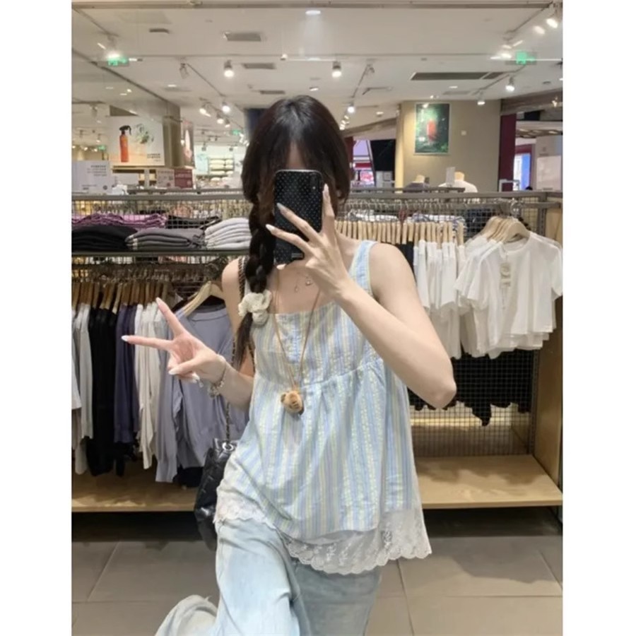 NZN ลูกไม้ลายทางสไตล์หวานผู้หญิงฤดูร้อนสไตล์ใหม่สไตล์เกาหลีหลวมลดอายุออกแบบเสื้อแขนกุดด้านบน