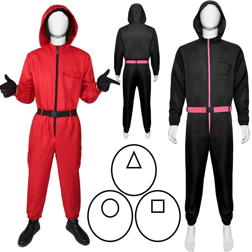 ❤พร้อมส่ง❤เกมปลาหมึกสำหรับเด็กและผู้ใหญ่Ⅱชุดคอสเพลย์ยามสีดำ ชุดฮาโลวีนปาร์ตี้ Squid Game Fashion Cos