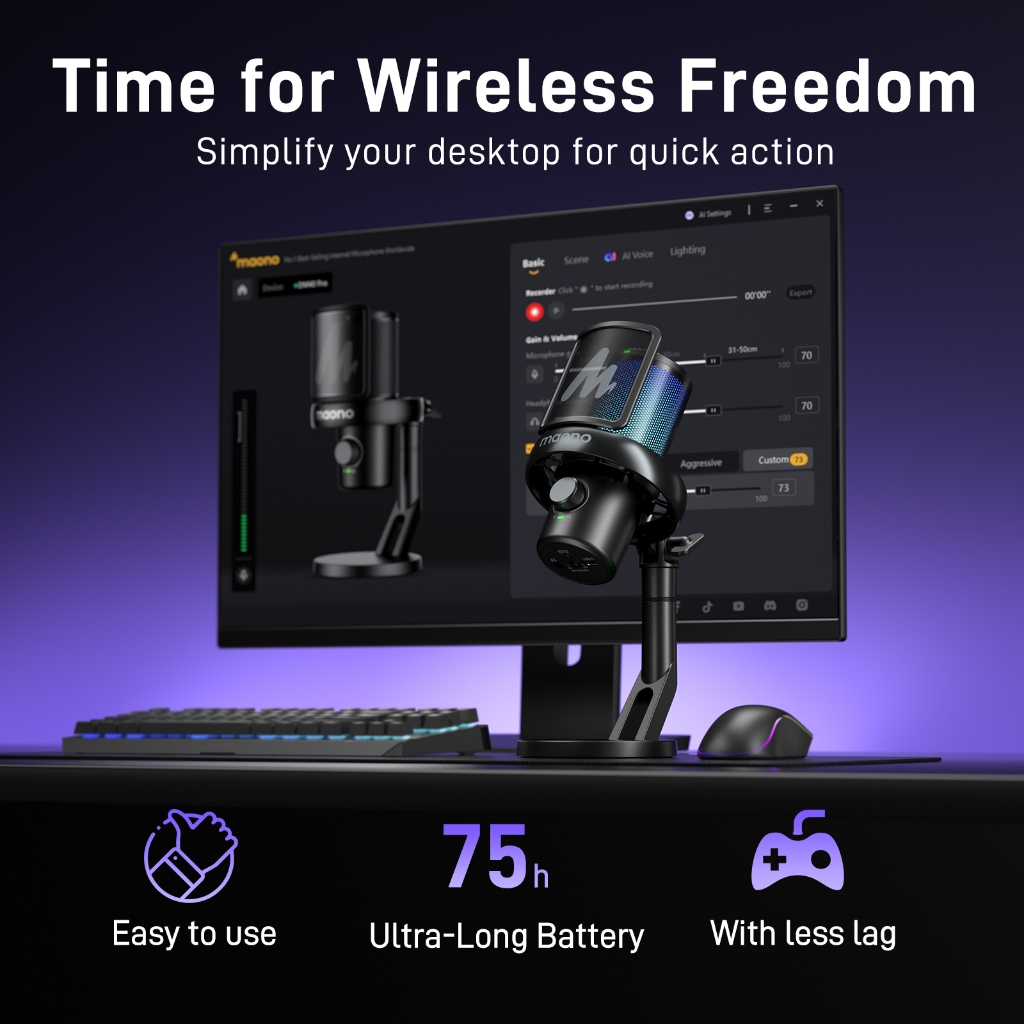 Maono DM40 Pro ไมโครโฟนไร้สายสําหรับเล่นเกมไร้สายไมโครโฟนคอนเดนเซอร์ไมโครโฟน USB AI Gaming Mic พร้อมปุ่มสมาร์ท,ลดเสียงรบกวนและ Maonolink App สําหรับพีซี,สมาร์ทโฟน,Gaming