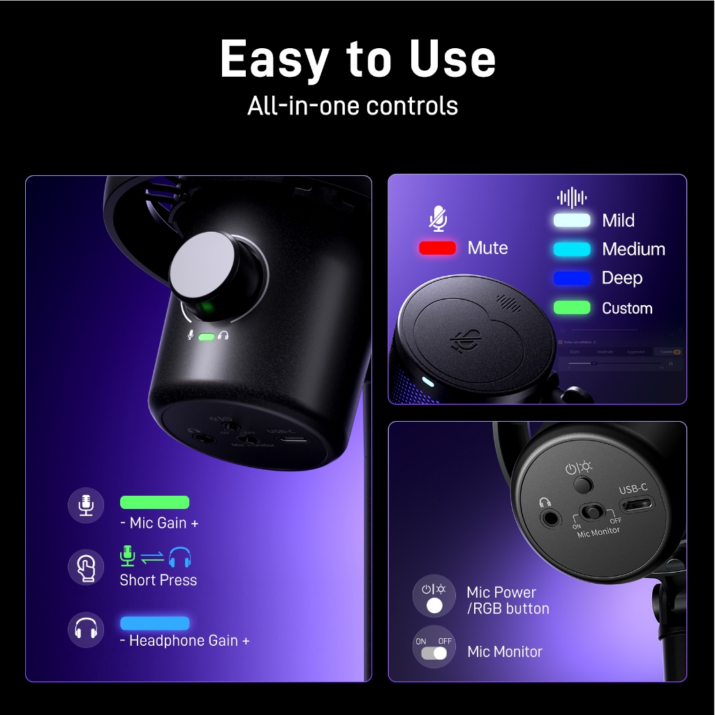 Maono DM40 Pro ไมโครโฟนไร้สายสําหรับเล่นเกมไร้สายไมโครโฟนคอนเดนเซอร์ไมโครโฟน USB AI Gaming Mic พร้อมปุ่มสมาร์ท,ลดเสียงรบกวนและ Maonolink App สําหรับพีซี,สมาร์ทโฟน,Gaming