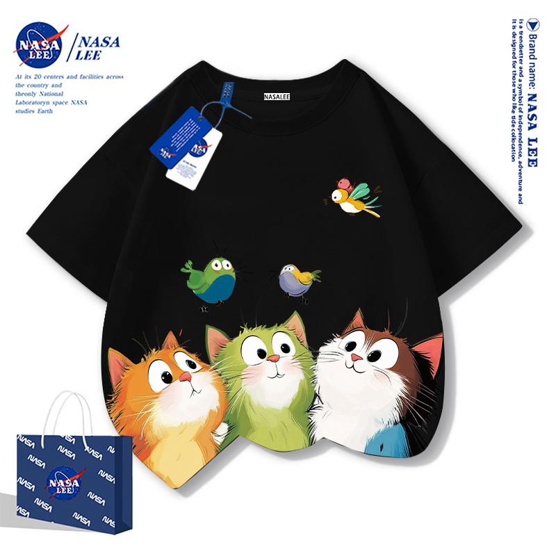【จัดส่งภายใน 48 ชม.】เสื้อยืดแขนสั้น NASA คอต้อน 100% คอกลม สีดำ ลายแมวน่ารัก ฤดูร้อน 2025 เสื้อแฟชั่นเด็กชาย-หญิง