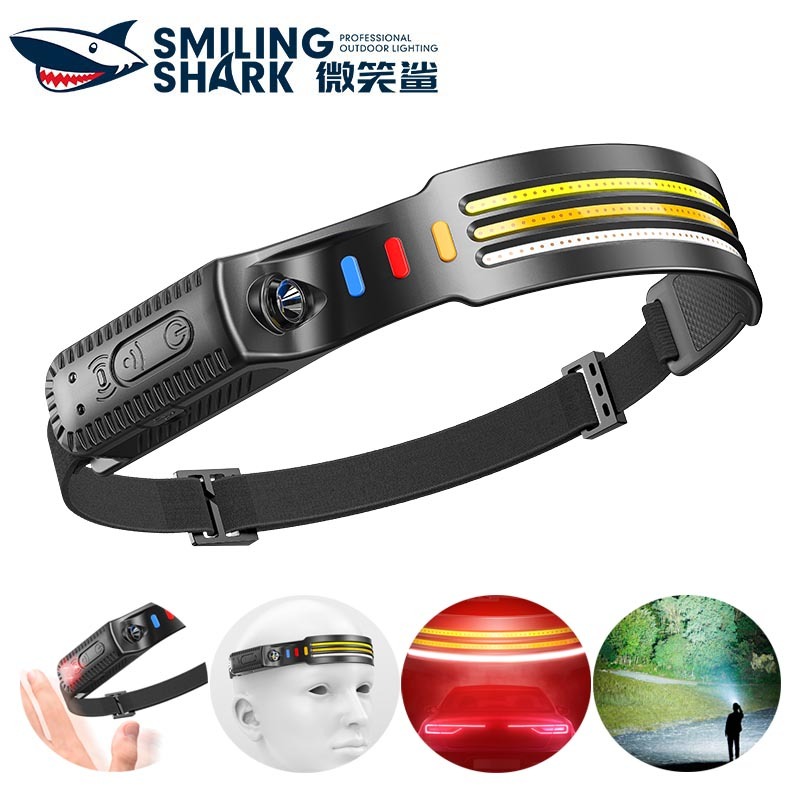 SmilingShark TD0229 ไฟคาดหัว ไฟฉายคาดหัว LED เซ็นเซอร์ สว่างมาก โคมไฟหัวทำงาน สีขาว/ เหลือง/ แดง หัวโคร่งหัว 10 โหมด Type-C แบบชาร์จได้ มีน้ำหนักเบา กันน้ำสำหรับการตั้งแคมป์ตกปลา