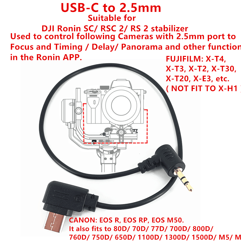 USB-C ถึง 2.5 มม.รีโมทคอนโทรล RSS สําหรับ DJI Ronin SC RSC2 RS2 Canon 80D Fujifilm Fuji XT4 XT3 RSS-