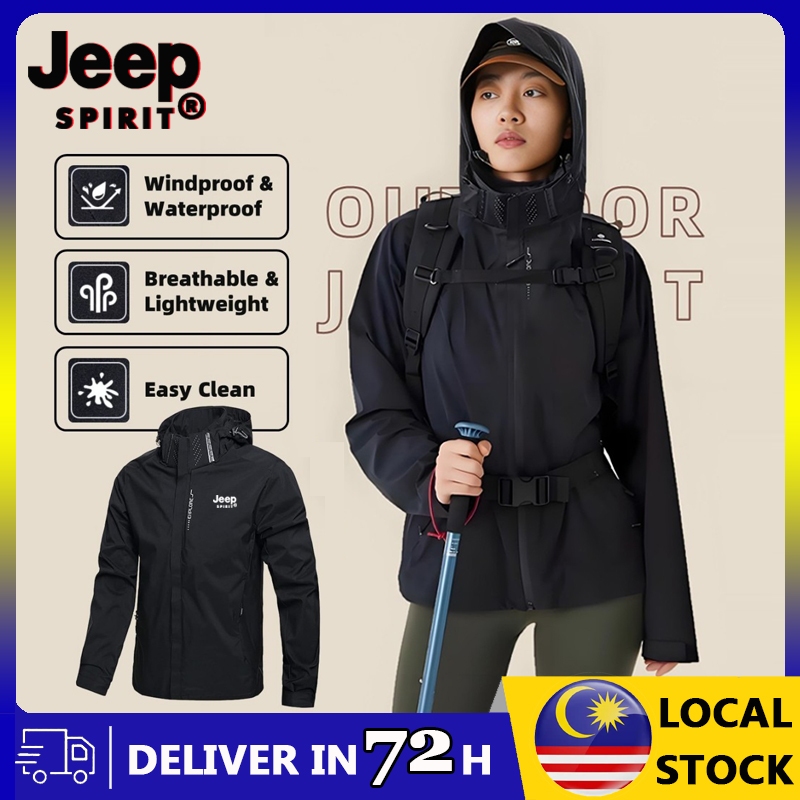 JEEP SPIRIT Windproof กันน้ําสําหรับผู้หญิงเสื้อแจ็คเก็ตเดินป่ากีฬากลางแจ้งมัลติฟังก์ชั่นสีดํา