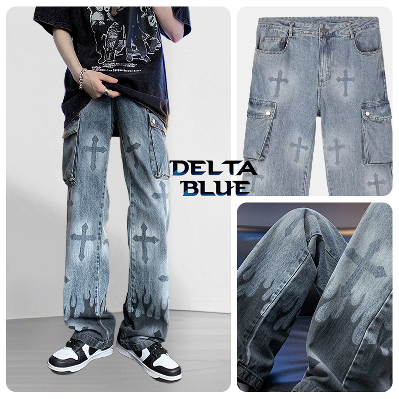 DELTA BLUE กางเกงยีนส์baggy ผู้ชาย สีน้ำเงินน้ำซักเก่า สไตล์แฟชั่นเกาหลี ผ้ายืดหยุ่นไม่รัดเอว ไม่ซีดสี ทรงปกปิดสะโพก รับประกันความพอดี