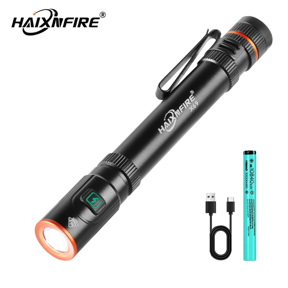 HaixnFire X69 Mini EDC ไฟฉาย 2500 ลูเมนโคมไฟปากกา USB ชาร์จโคมไฟตั้งแคมป์กลางแจ้งโคมไฟแจ็คเก็ตไฟเตือนไฟฉายไฟฉุกเฉินในครัวเรือน