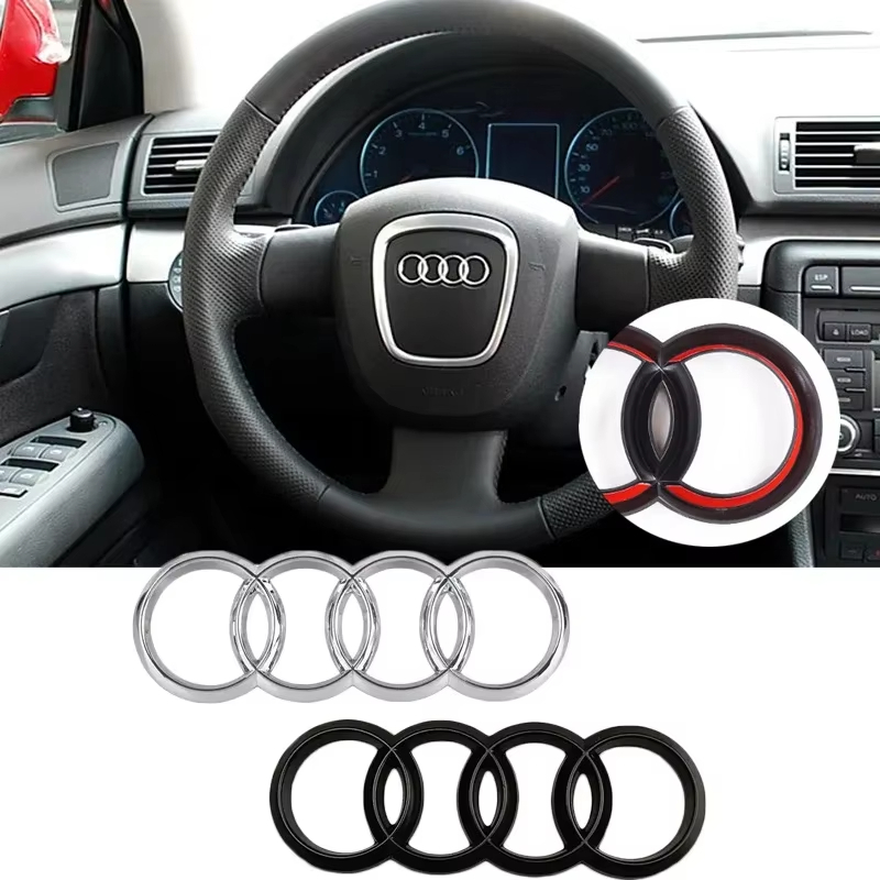 สีดําเงินพวงมาลัยรถกลางสติกเกอร์สําหรับ Audi A6L A4L A8L A1 A5 A3 A7 Q3 Q5 Q7 Refitting โลโก้สัญลักษณ์อุปกรณ์เสริม